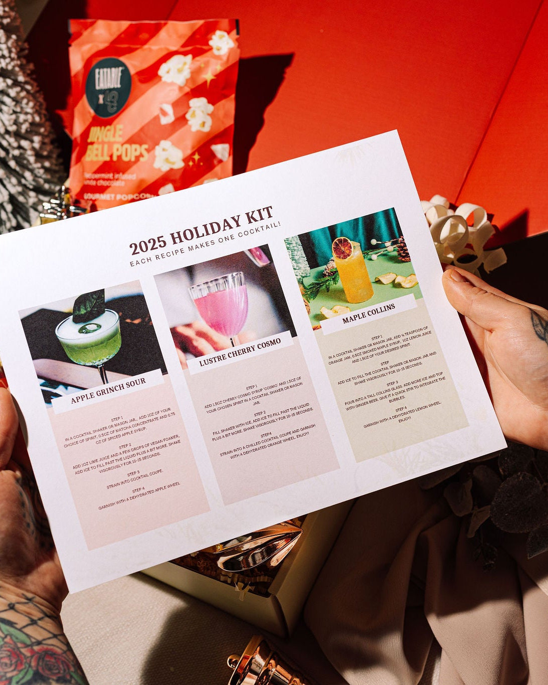 Person holding a 2025 Holiday Kit brochure with festive decorations in the background.
